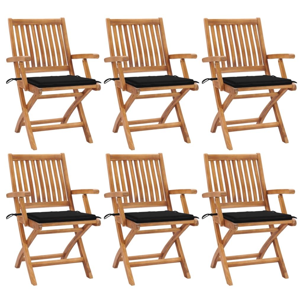 6 Sillas de jardín plegables de madera con cojines Negro