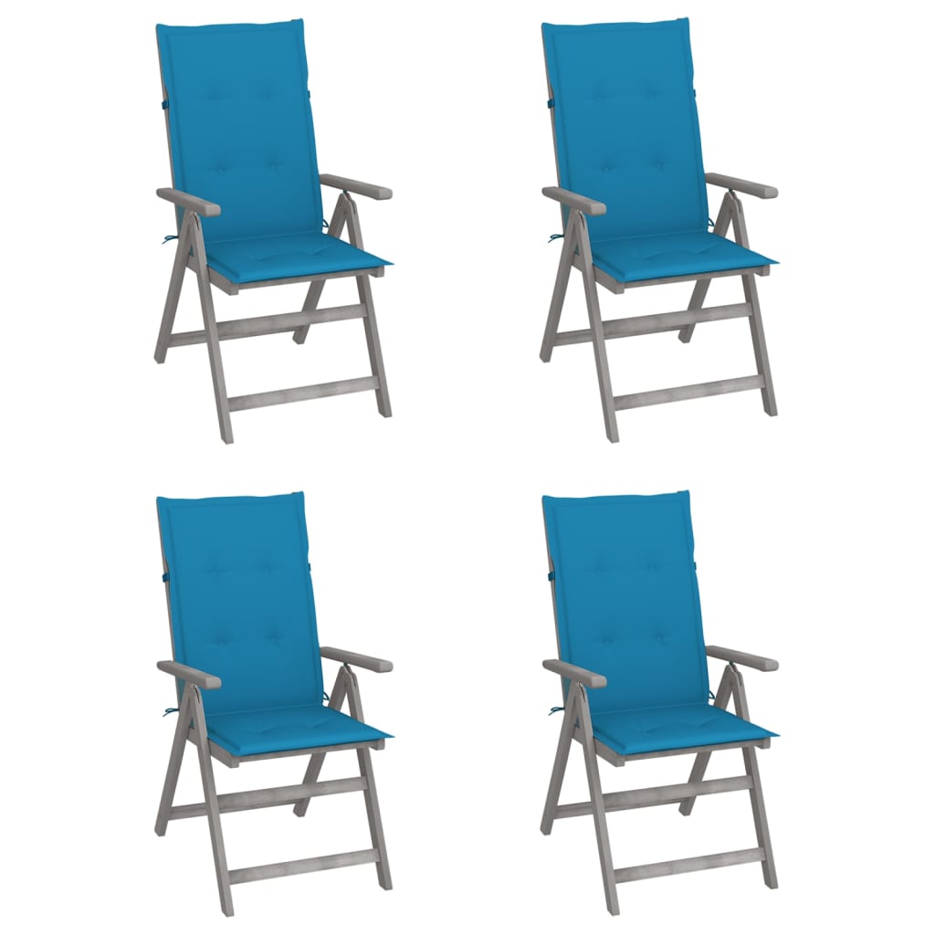 4 Sillas de jardín reclinables de madera con cojines Azul Claro