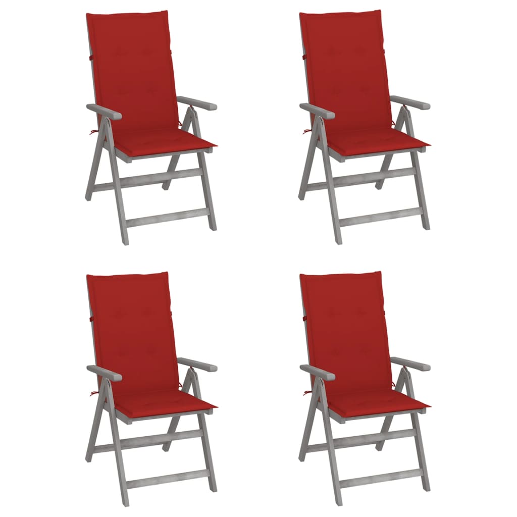 4 Sillas de jardín reclinables de madera con cojines Rojo