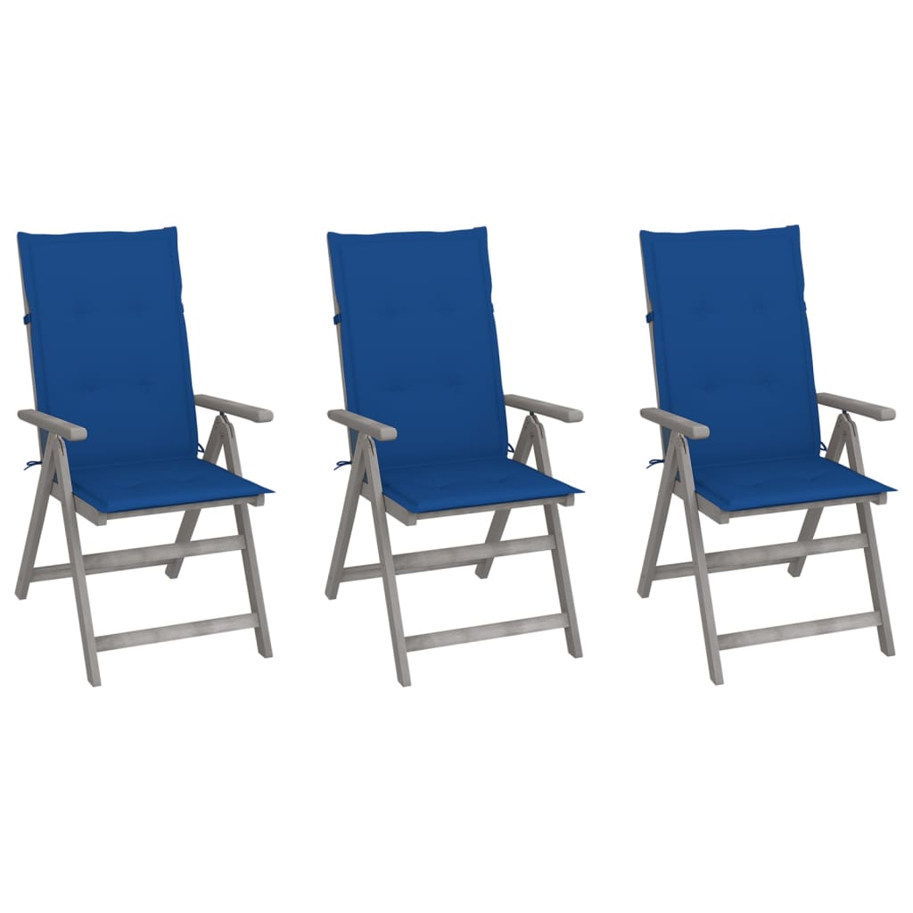 3 Sillas de jardín reclinables de madera con cojines Azul Marino