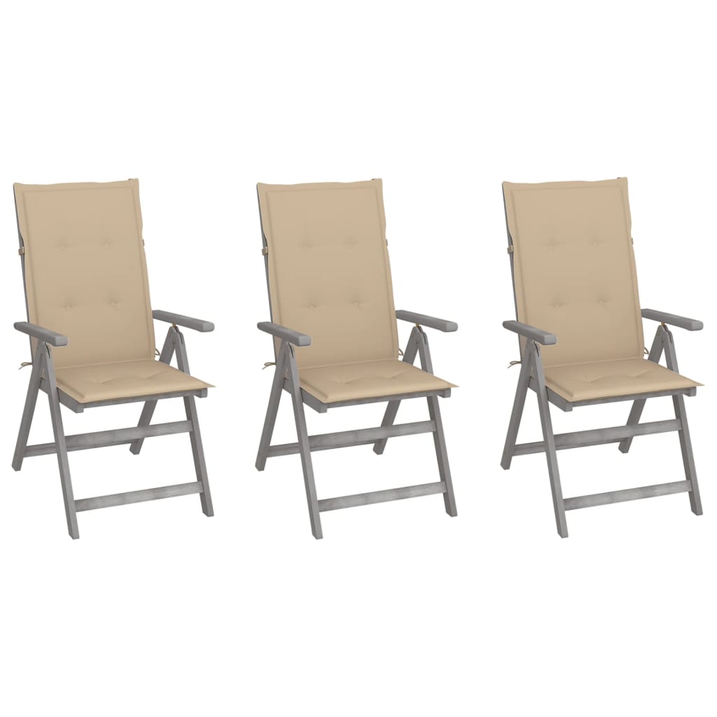 3 Sillas de jardín reclinables de madera con cojines Beige