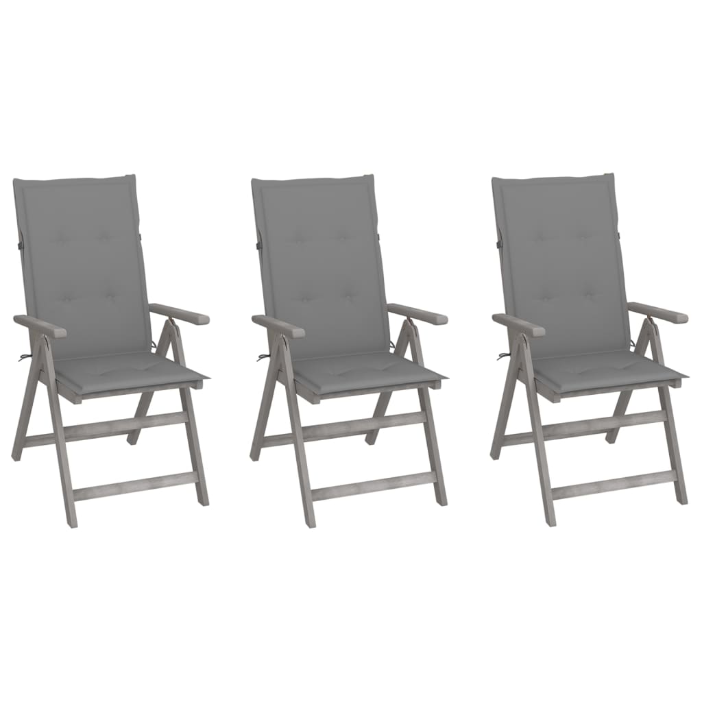 3 Sillas de jardín reclinables de madera con cojines Gris
