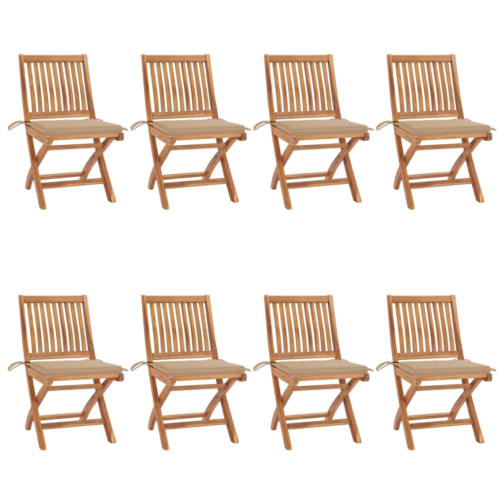 8 Sillas de jardín plegables de madera maciza teca con cojines Beige