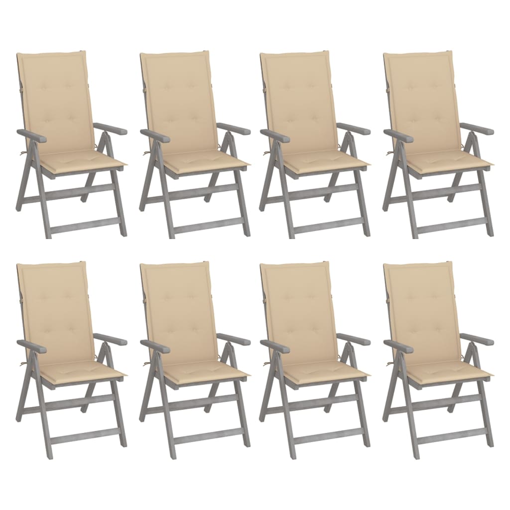 8 Sillas de jardín reclinables de madera con cojines Beige