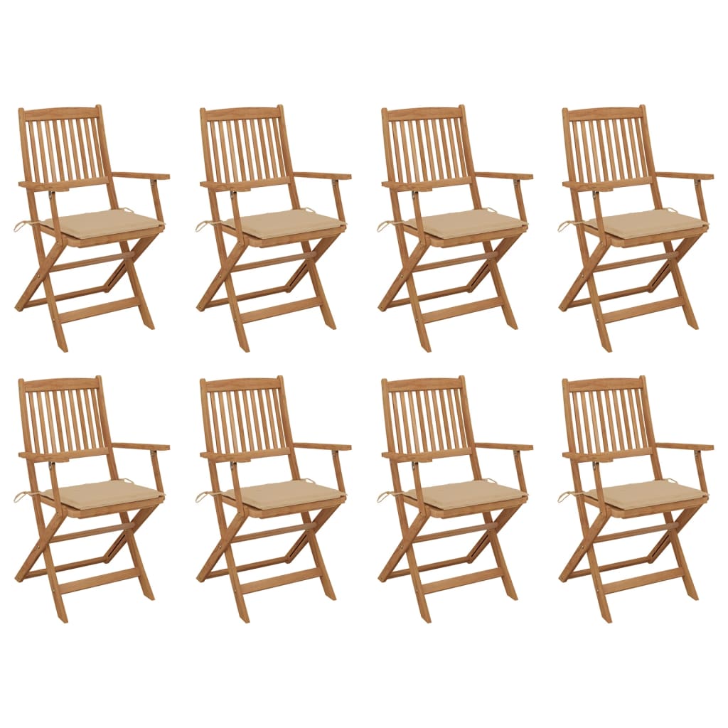 8 Sillas de jardín plegables madera maciza acacia con cojines Beige