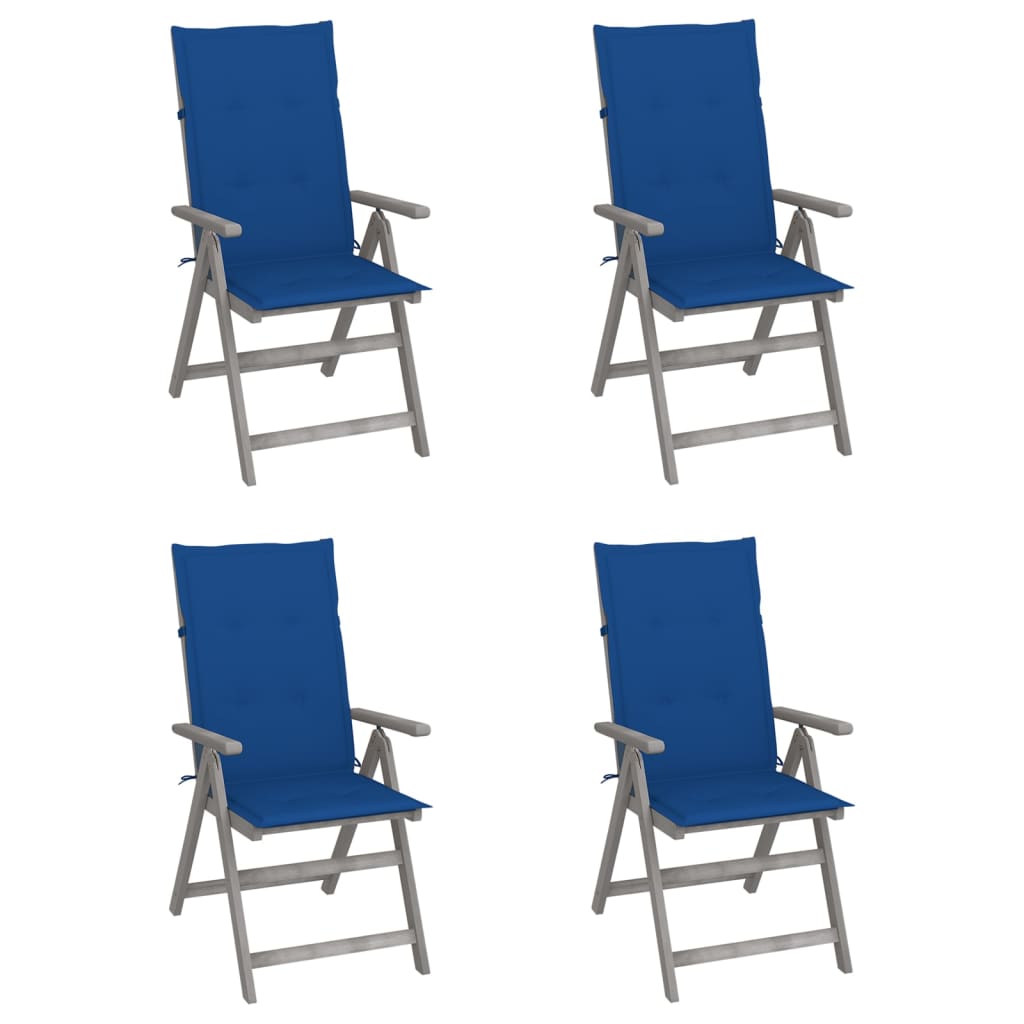 4 Sillas de jardín reclinables de madera con cojines Azul Marino