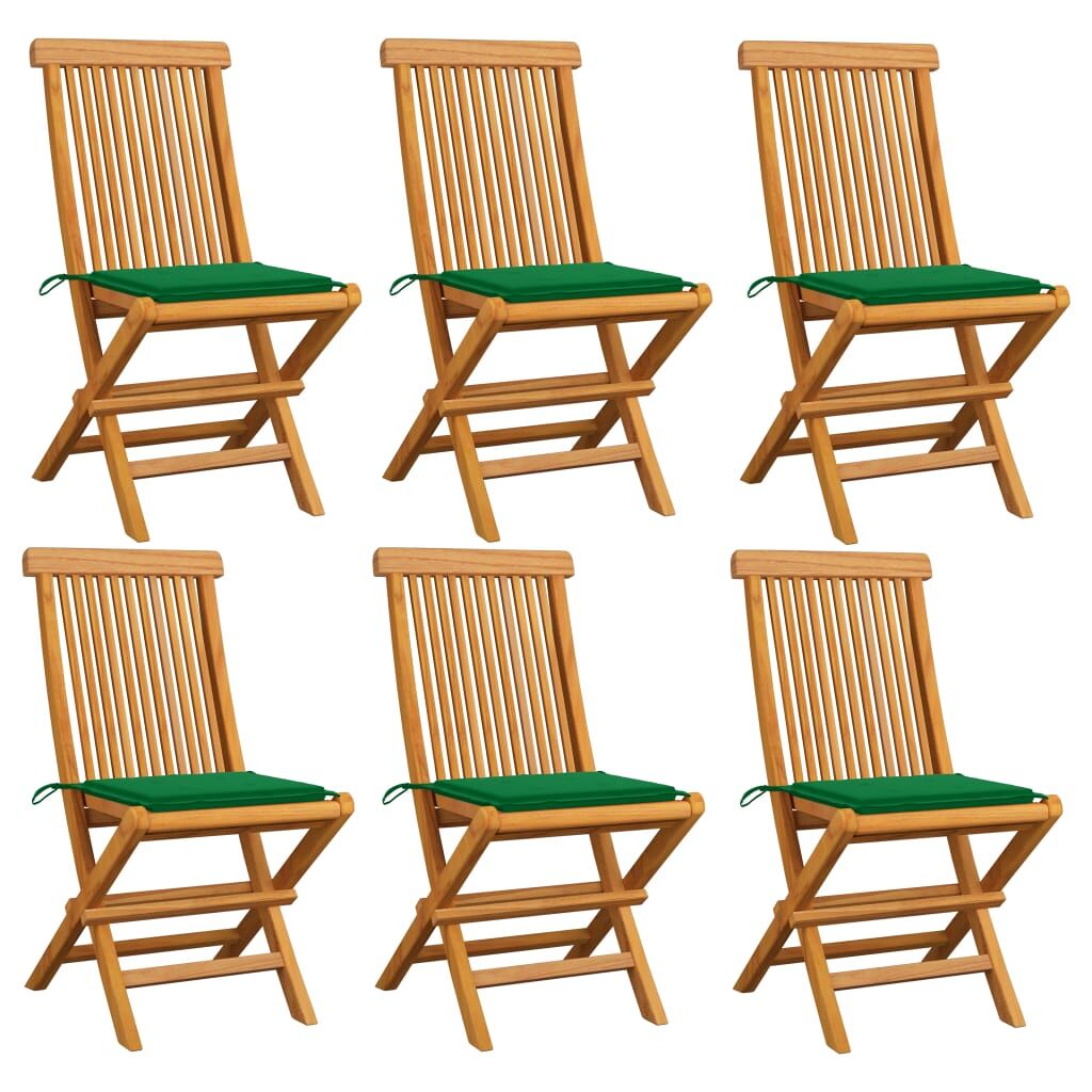 6 Sillas de jardín de madera de teca con cojines Verde Oscuro