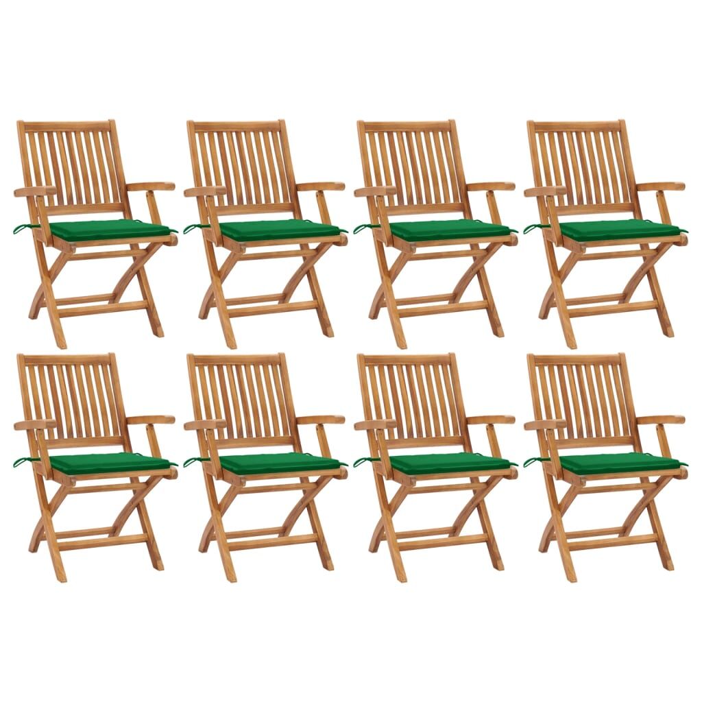 8 Sillas de jardín plegables de madera maciza teca con cojines Verde Oscuro