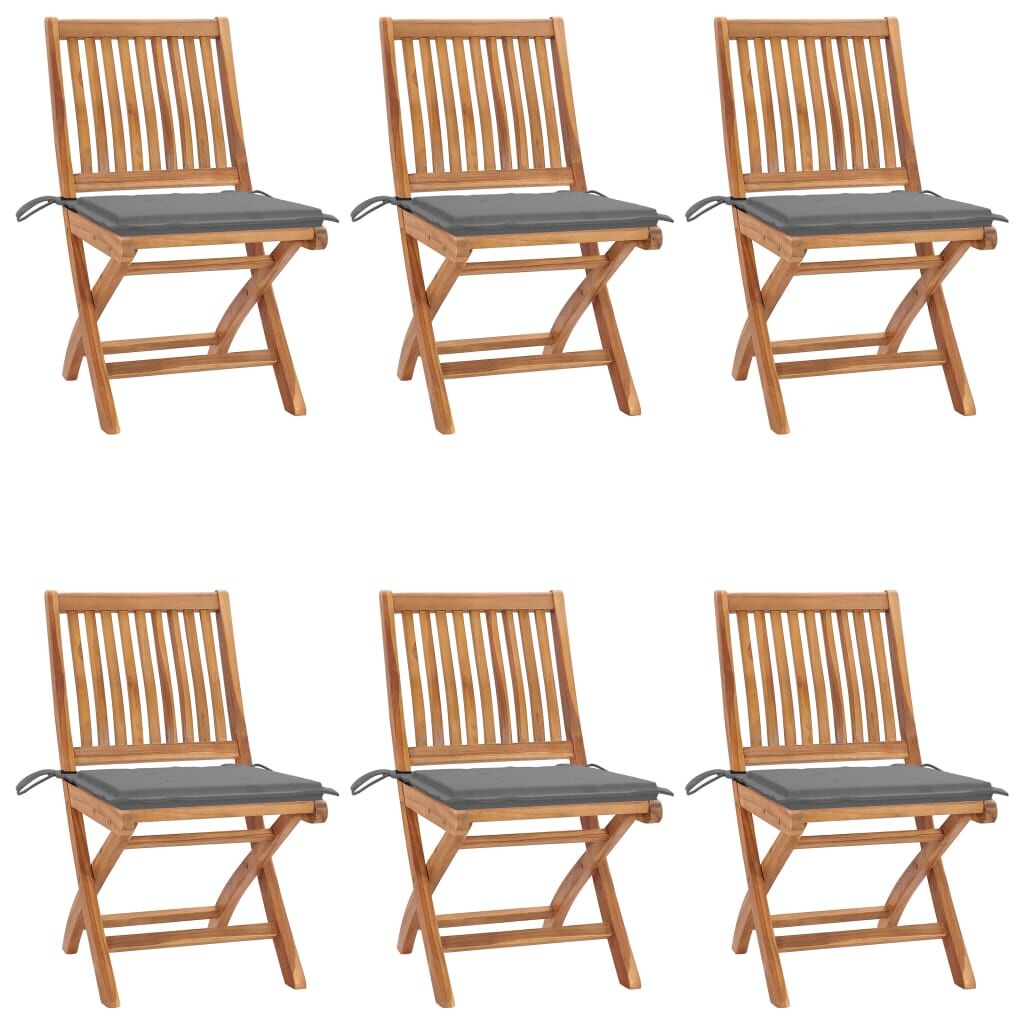 6 Sillas de jardín plegables de madera con cojines Gris