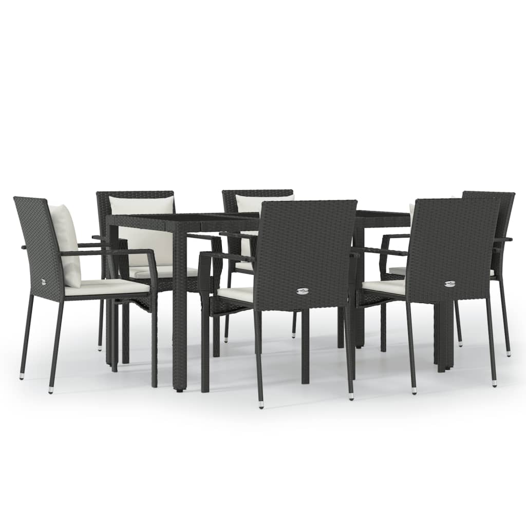 Set de comedor de jardin 7 piezas y cojines ratán sintético negro longitud mesa 150 cm