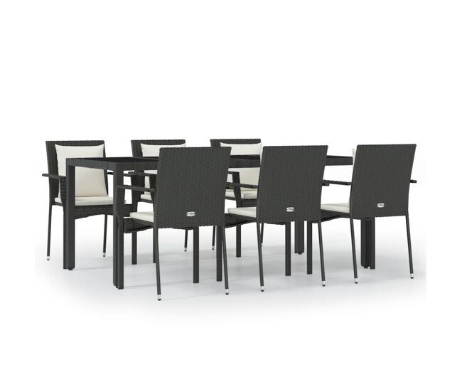 Set de comedor de jardin 7 piezas y cojines ratán sintético negro longitud mesa 190 cm