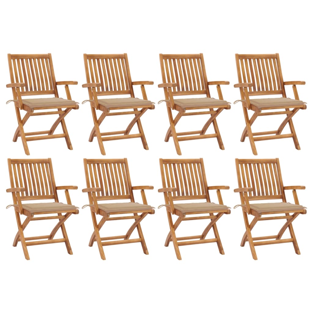 8 Sillas de jardín plegables de madera maciza teca con cojines Beige