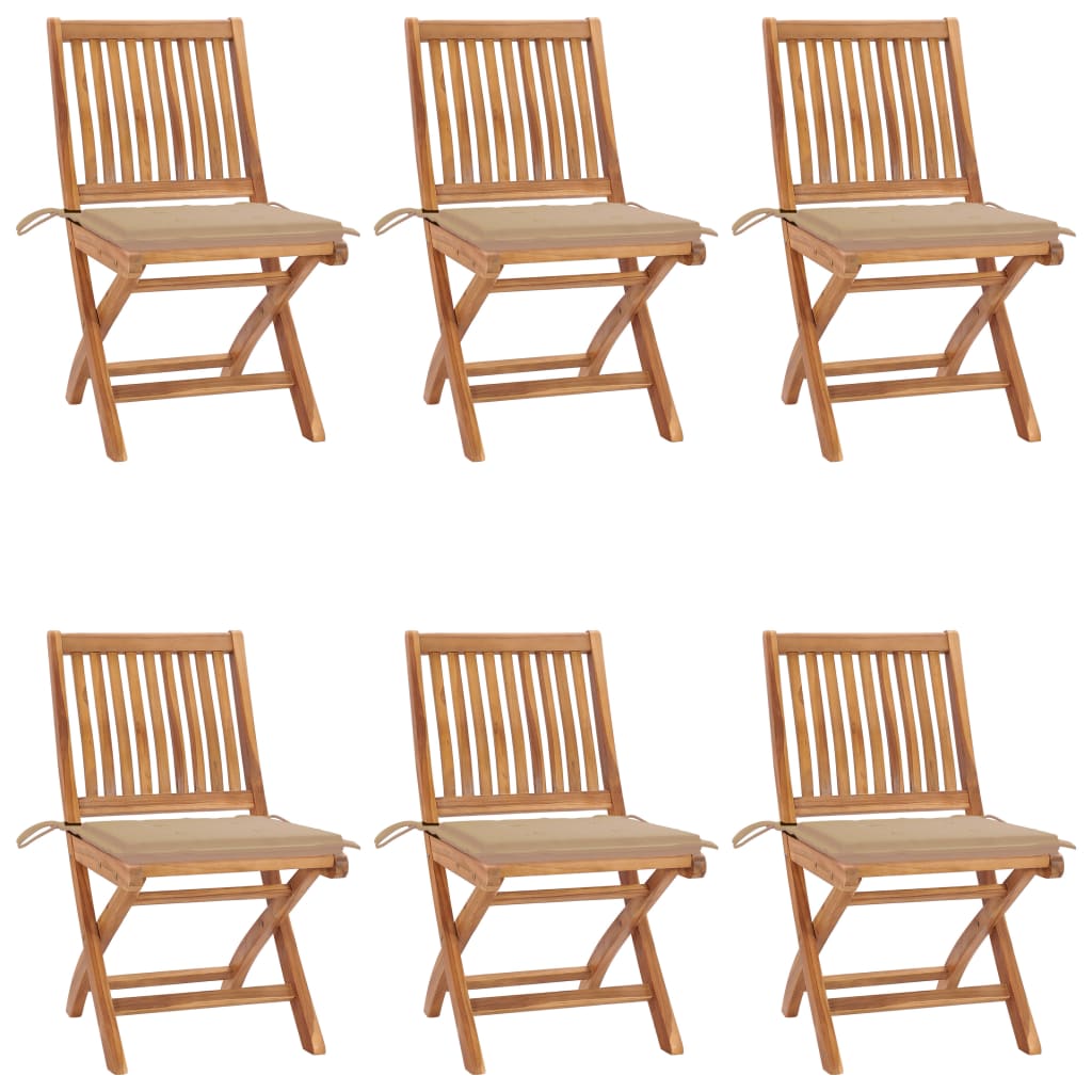6 Sillas de jardín plegables de madera con cojines Beige