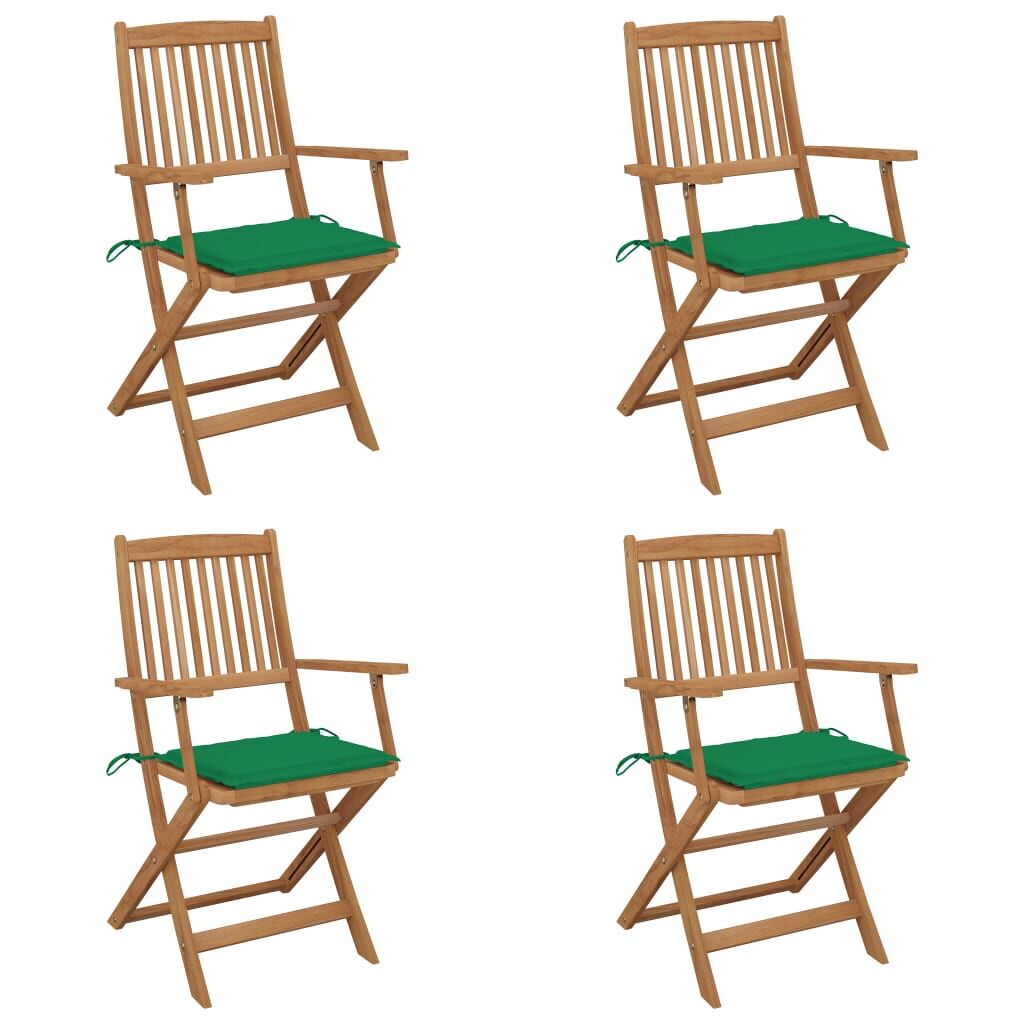 4 Sillas de jardín plegables de madera con cojines Verde Oscuro