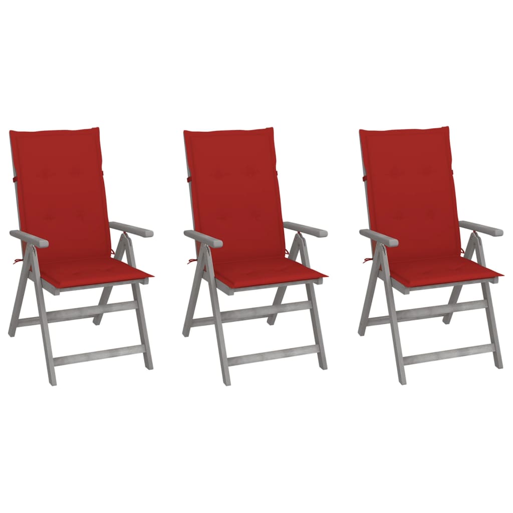 3 Sillas de jardín reclinables de madera con cojines Rojo