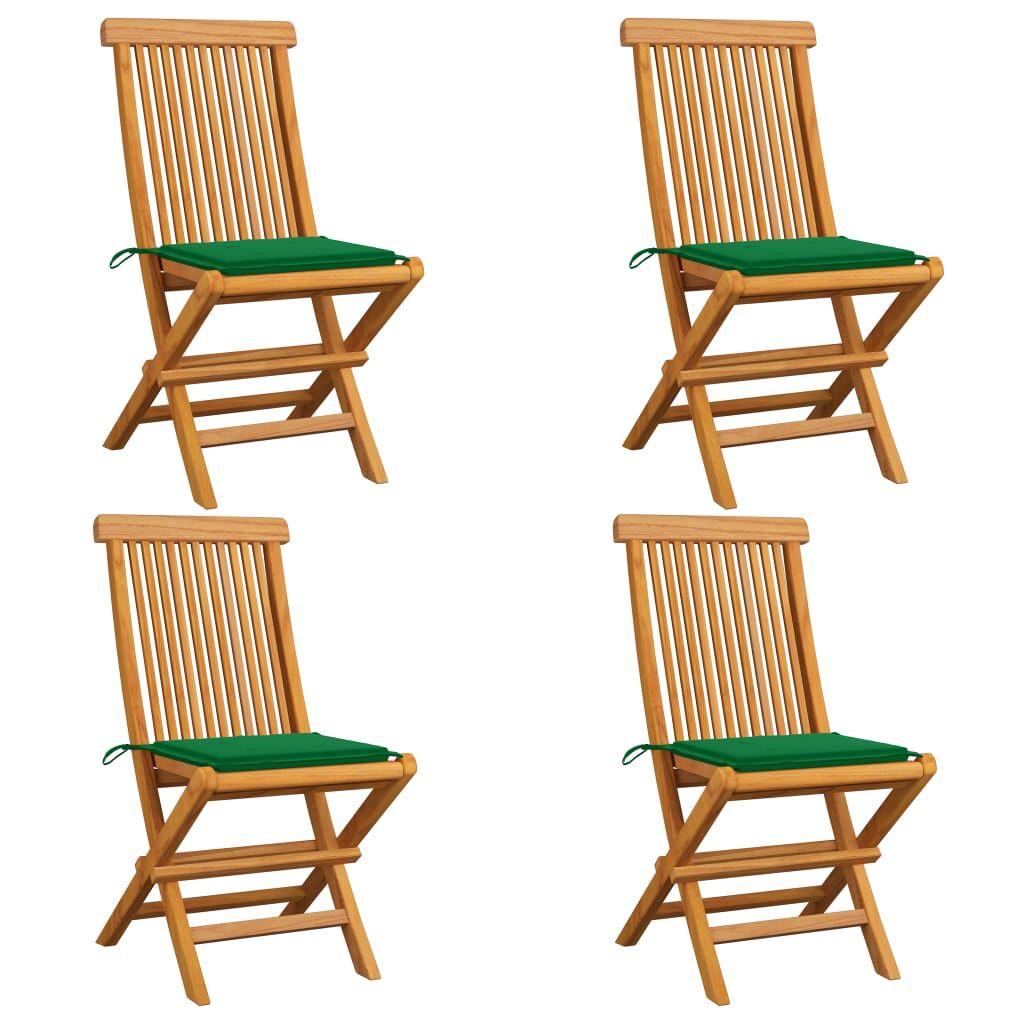 4 Sillas de jardín de madera de teca con cojines Verde Oscuro