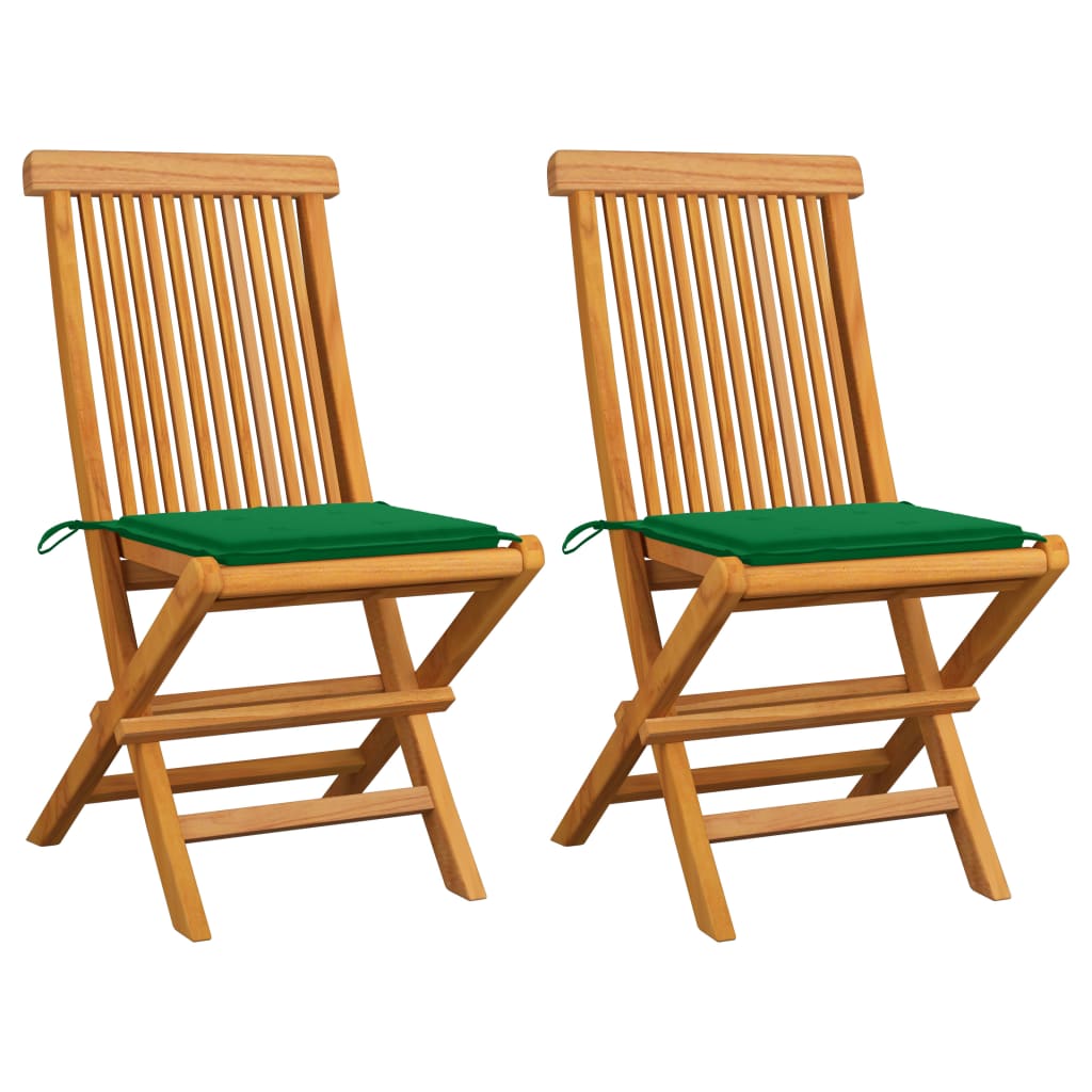 2 Sillas de jardín de madera de teca con cojines Verde Oscuro