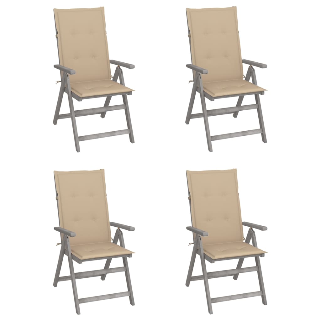 4 Sillas de jardín reclinables de madera con cojines Beige