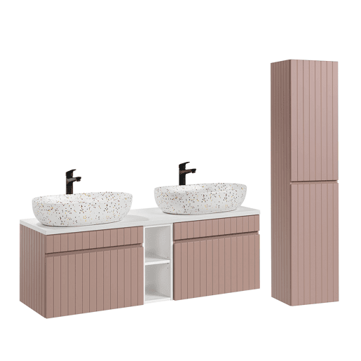 Conjunto móvel lavatório duplo 140cm 2 nichos e coluna Zelie Rosa e Branco