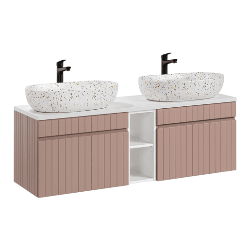 Conjunto móvel lavatório duplo 140cm 2 nichos e coluna Zelie Rosa e Branco