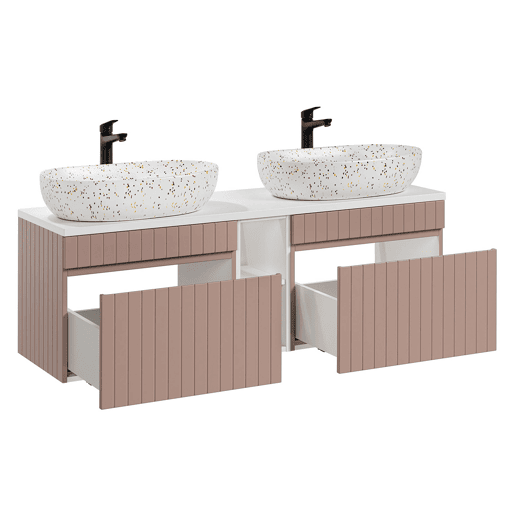 Conjunto móvel lavatório duplo 140cm 2 nichos e coluna Zelie Rosa e Branco