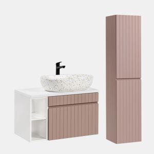 Móvel de lavatório simples Zelie rosa e branco 80cm 2 nichos e pedestal