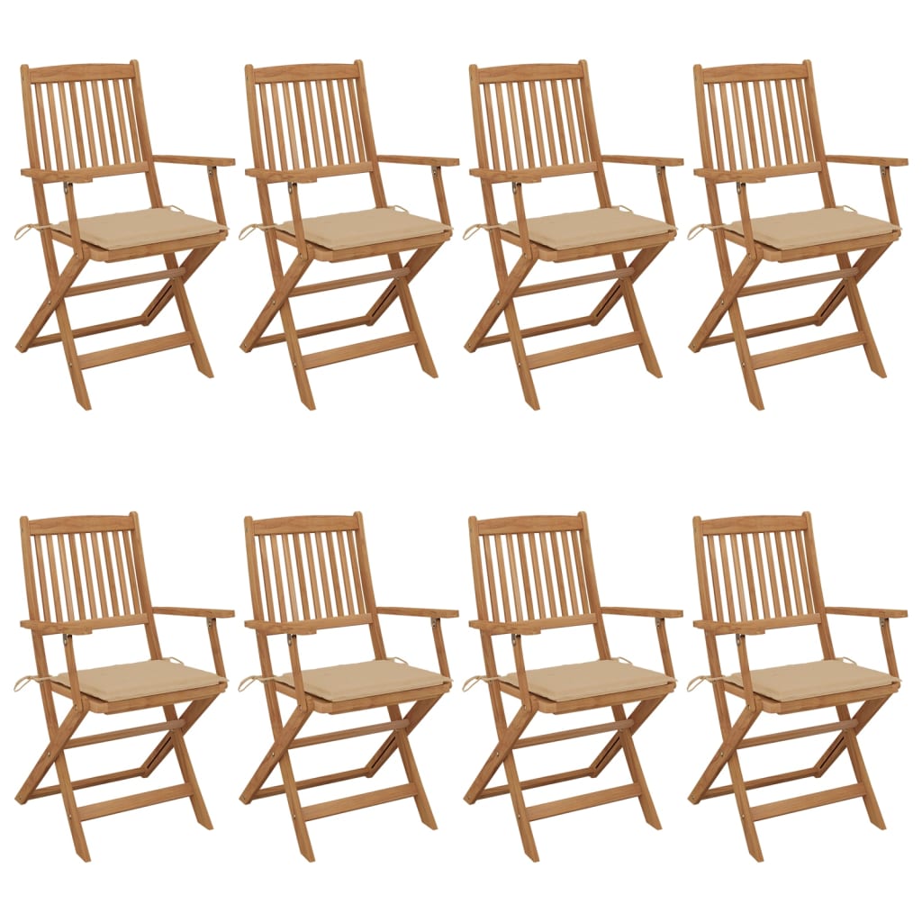 8 Sillas de jardín de madera maciza acacia con cojines Beige