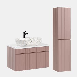Conjunto de lavatório individual 80 cm e base de apoio Zelie rosa e branca