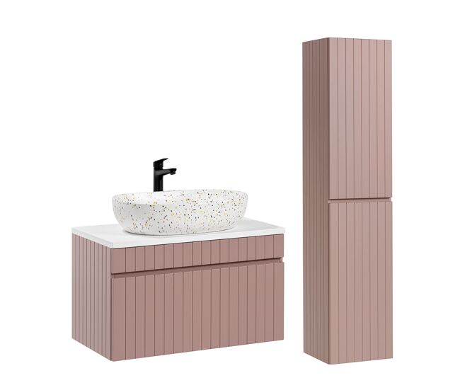 Conjunto mueble lavabo individual 80cm y columna zelie rosado y blanco