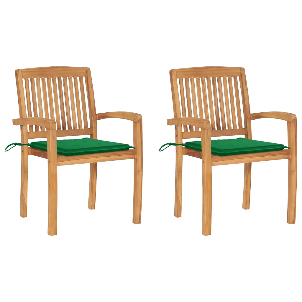 2 Sillas de jardín de madera maciza de teca con cojines Verde Oscuro