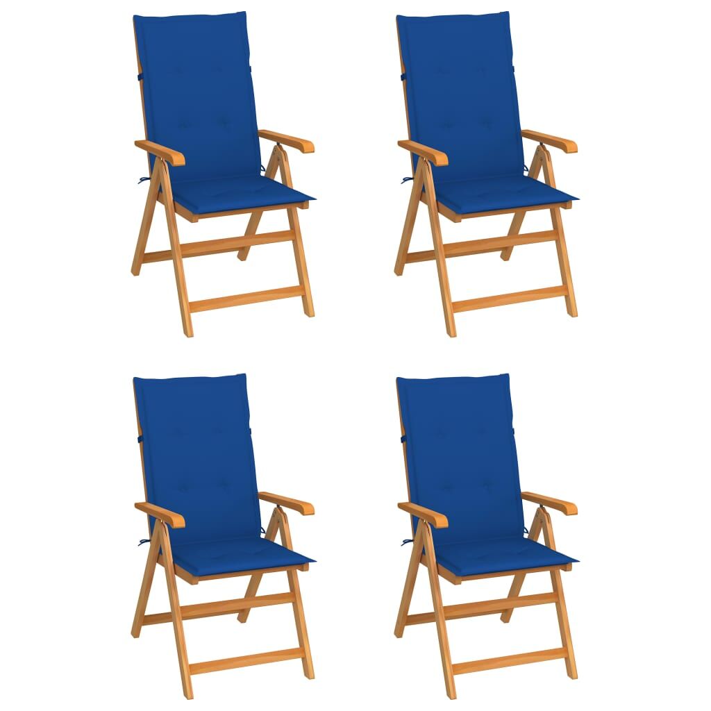 4 Sillas de jardin de madera maciza de teca con cojines Azul Marino