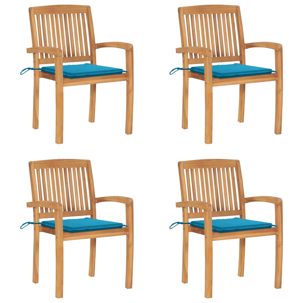 4 Sillas de jardín apilables de madera de teca con cojines Azul
