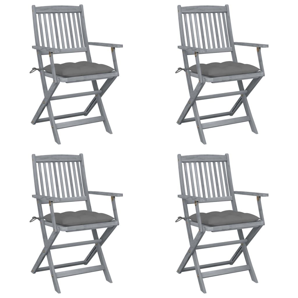 4 Sillas de jardín plegables de madera con cojines Gris