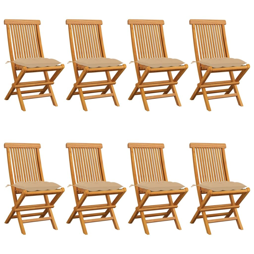 8 Sillas de jardín de madera teca maciza con cojines Beige