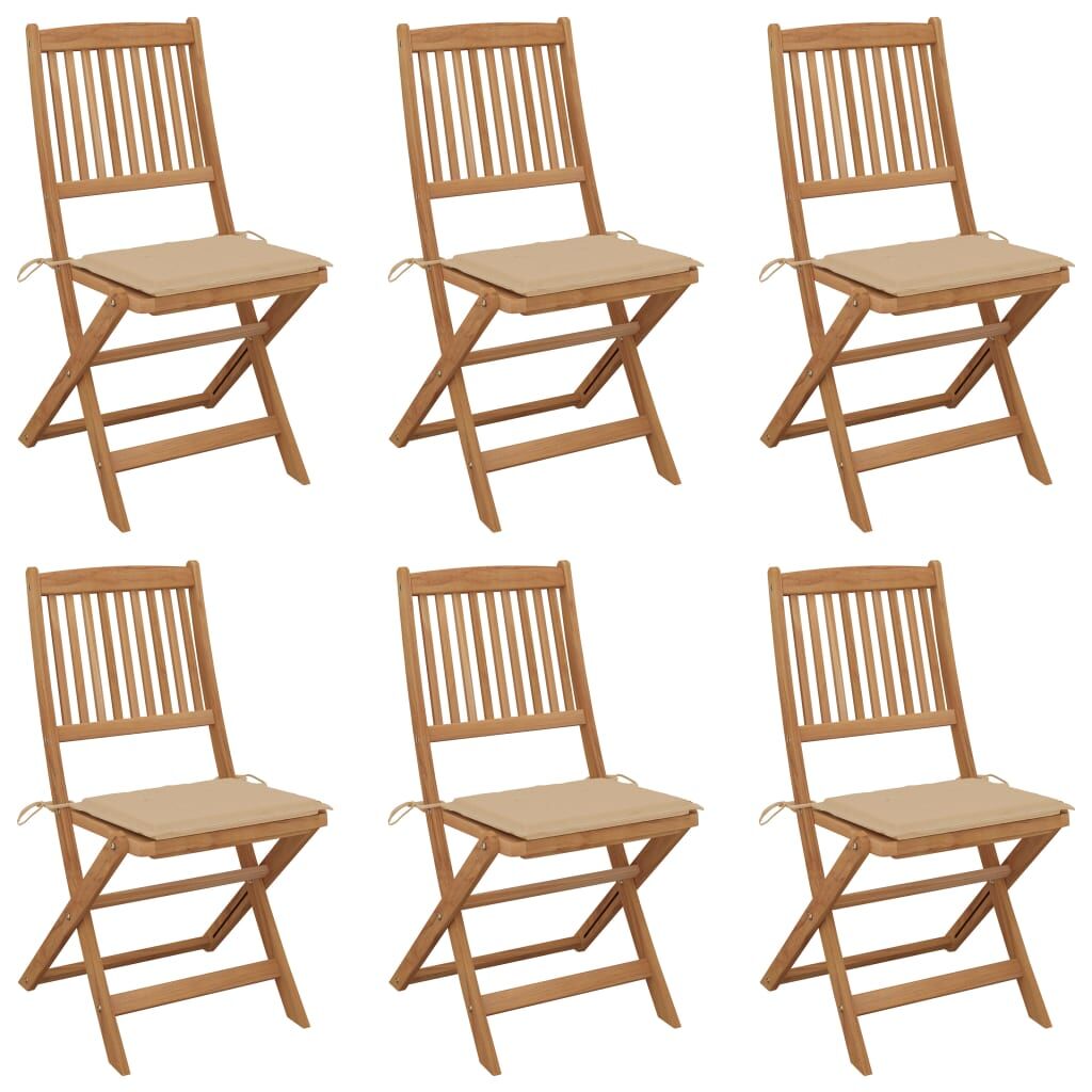 6 Sillas de jardín plegables de madera con cojines Beige