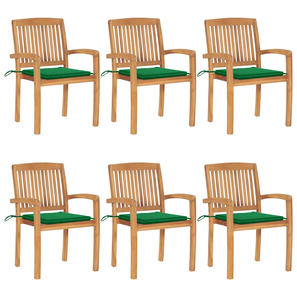 6 Sillas de jardín apilables de madera de teca con cojines Verde Oscuro