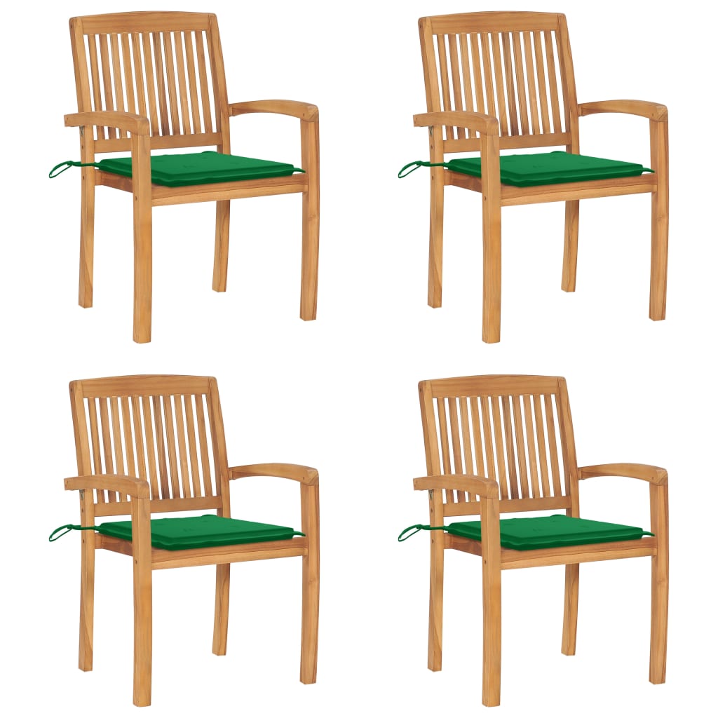 4 Sillas de jardín apilables de madera de teca con cojines Verde Oscuro
