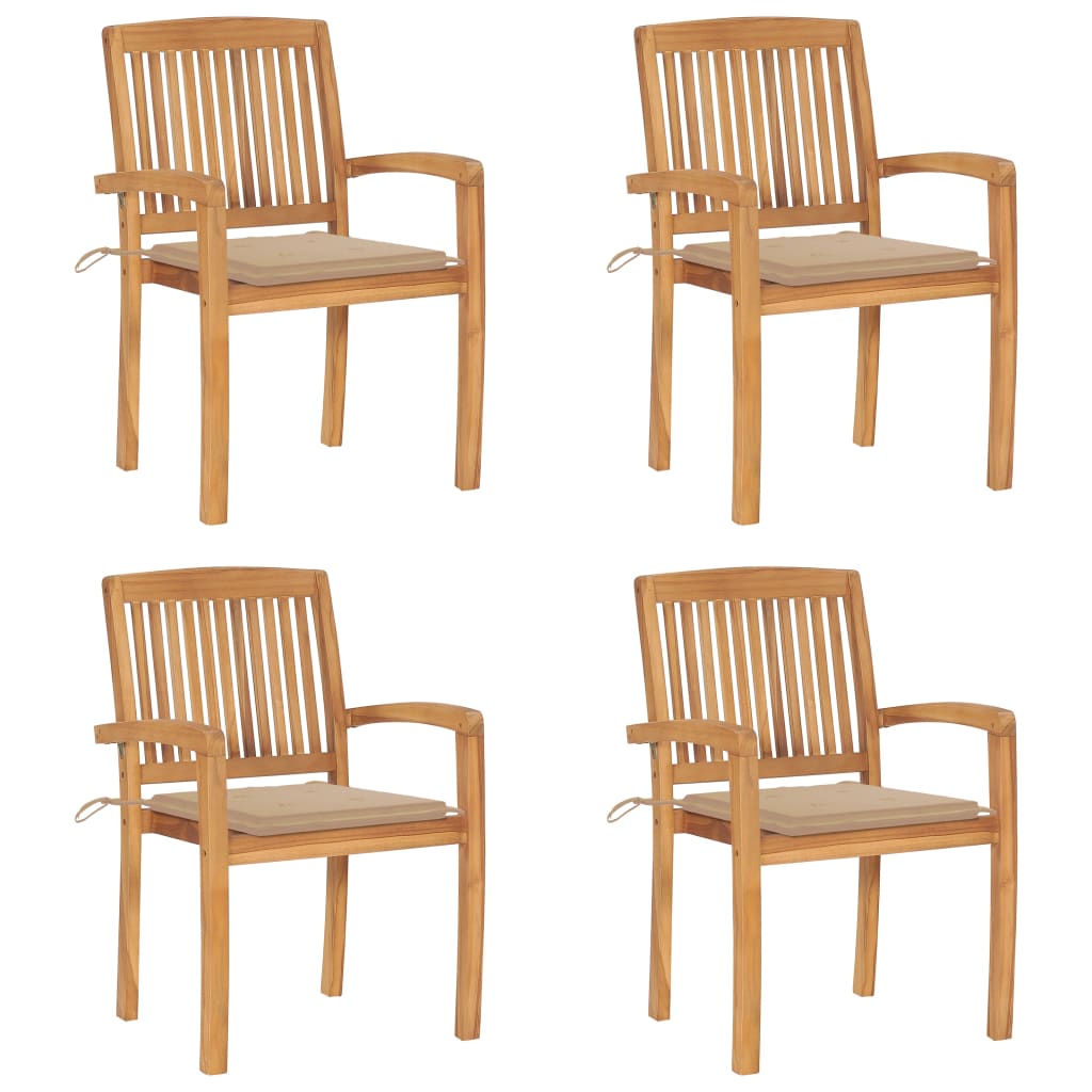 4 Sillas de jardín apilables de madera de teca con cojines Beige