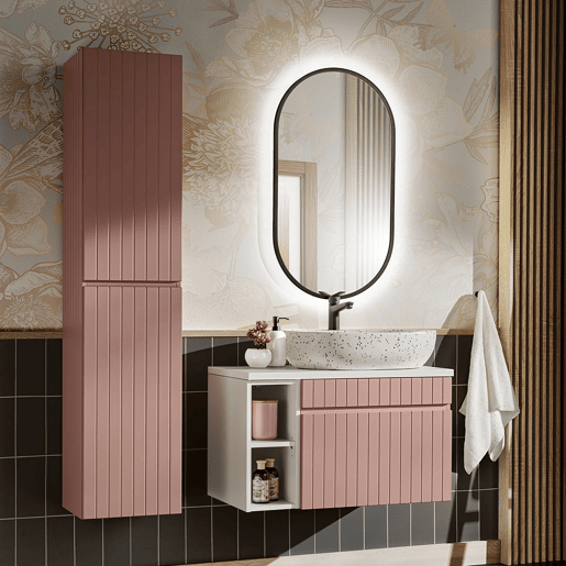 Móvel de lavatório simples 80cm 2 nichos Zelie Rosa e Branco