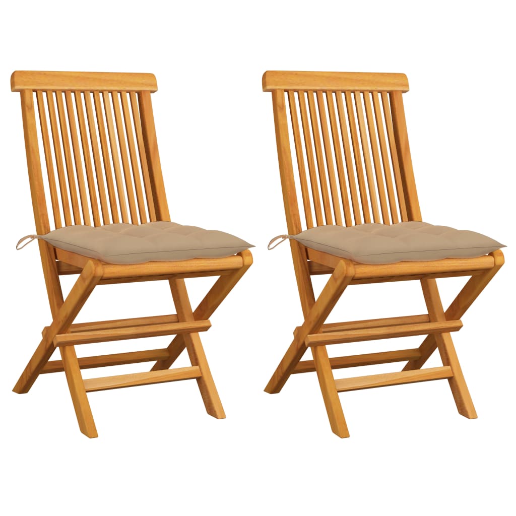 2 Sillas de jardín de madera maciza de teca con cojines Beige