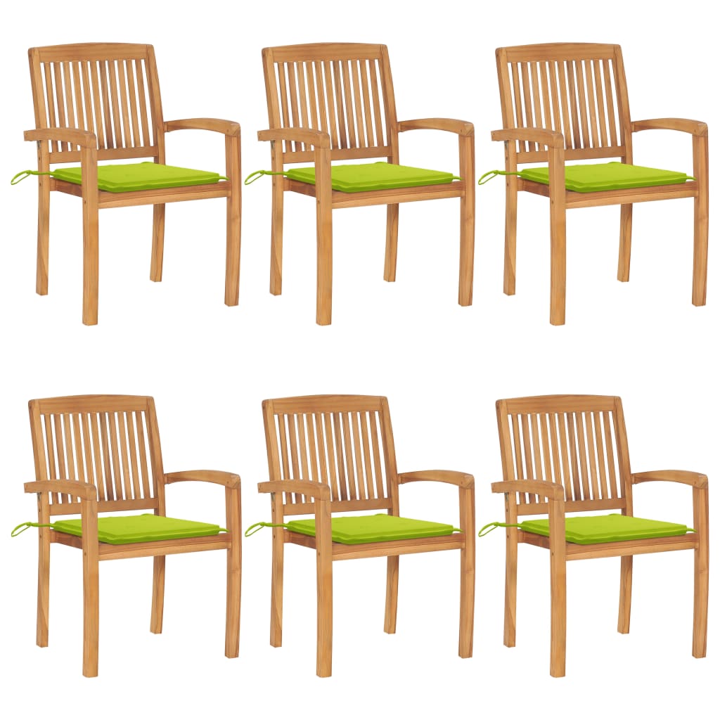 6 Sillas de jardín apilables de madera de teca con cojines Verde