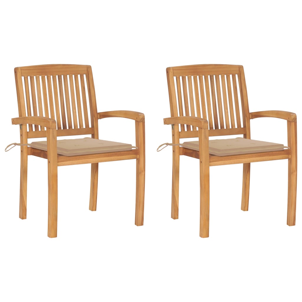 2 Sillas de jardín de madera maciza de teca con cojines Beige