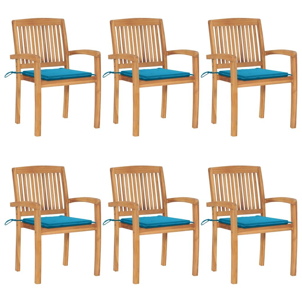 6 Sillas de jardín apilables de madera de teca con cojines Azul