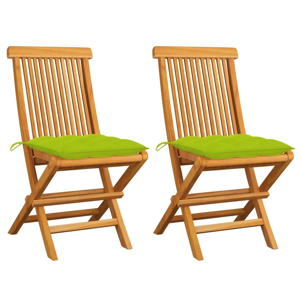 2 Sillas de jardín de madera maciza de teca con cojines Verde