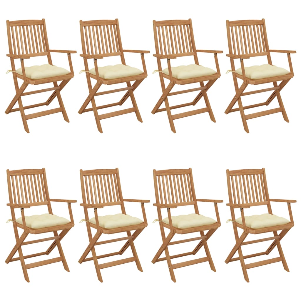 8 Sillas de jardín plegables de madera con cojines Blanco