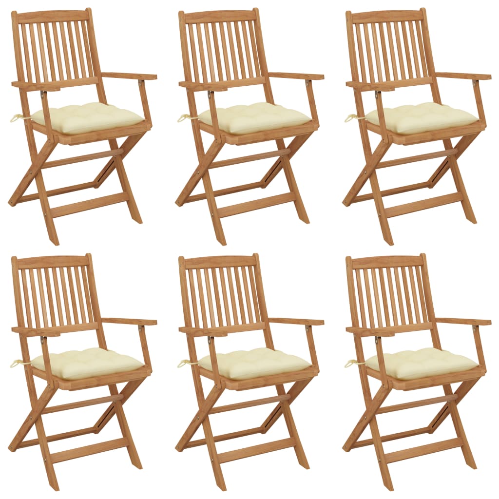 6 Sillas de jardín plegables de madera con cojines Blanco