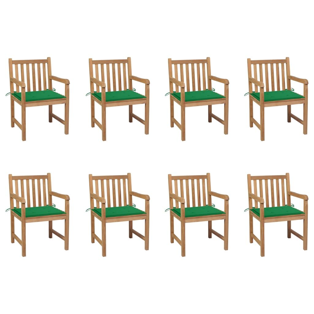 8 Sillas de jardín de madera maciza teca con cojines Verde Oscuro
