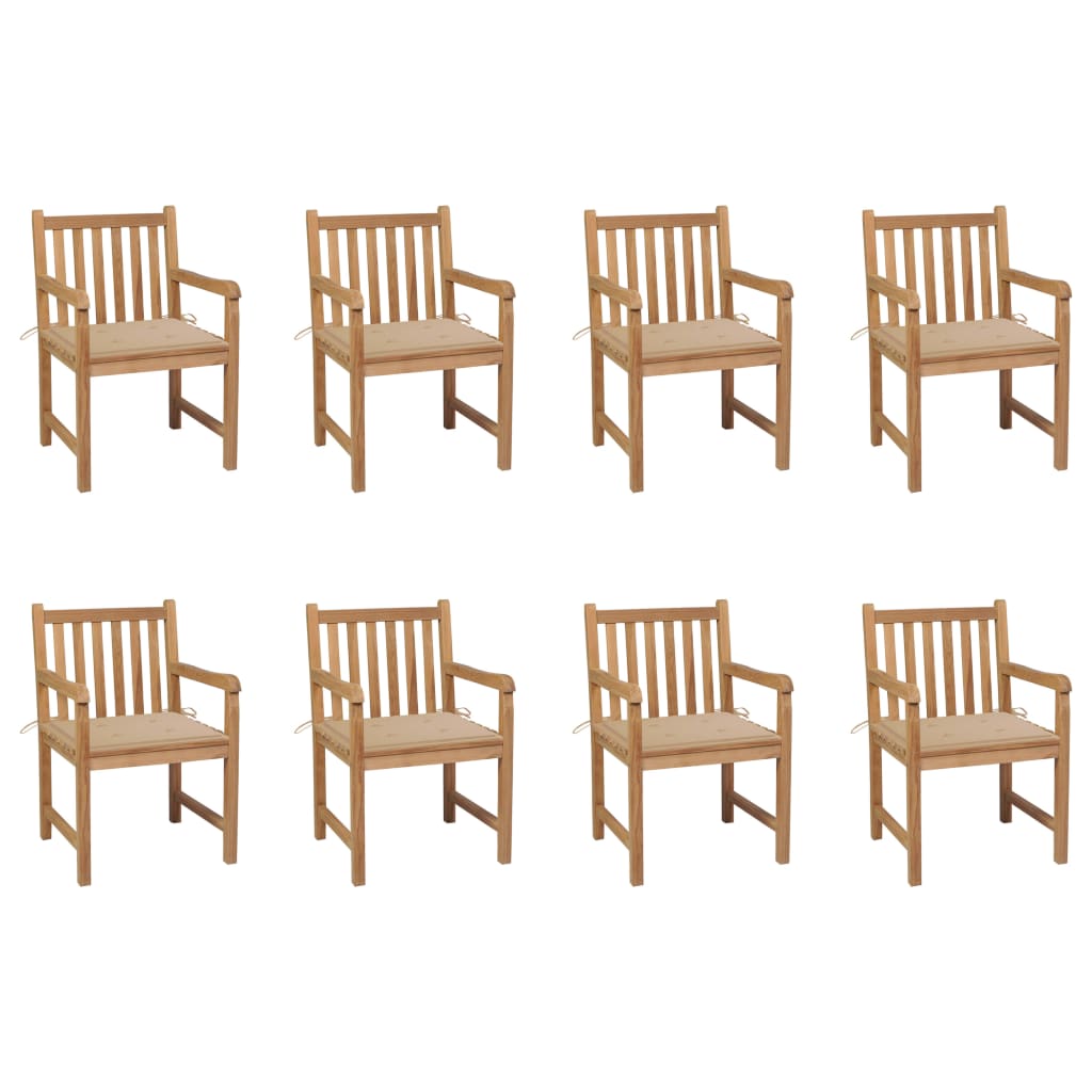 8 Sillas de jardín de madera maciza teca con cojines Beige