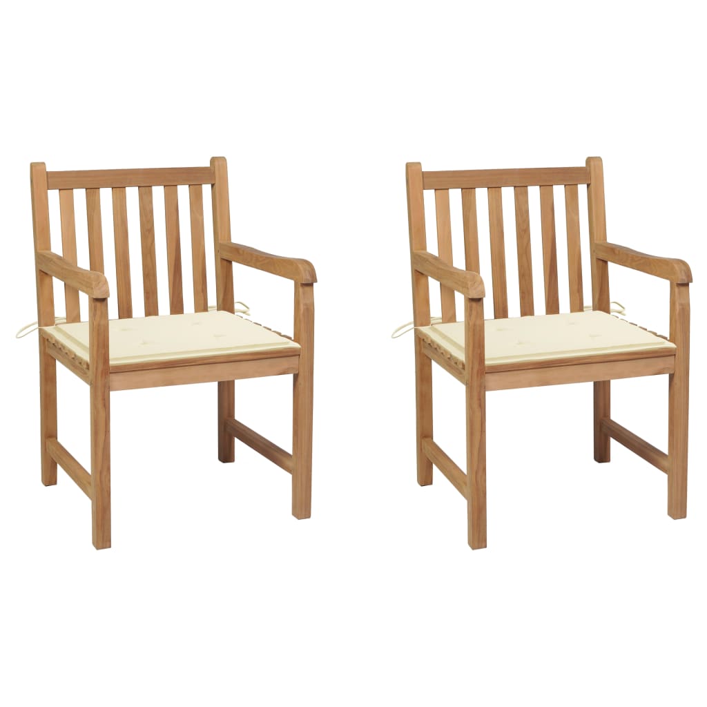 2 Sillas de jardin de madera maciza de teca con cojines Crema