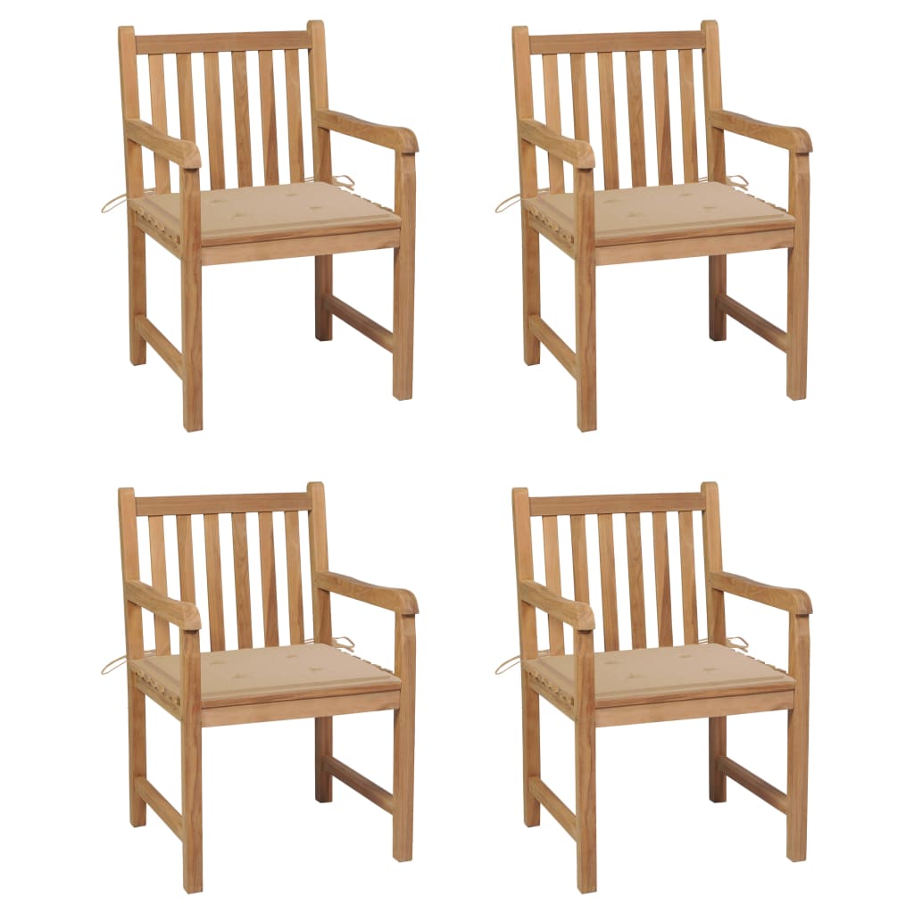 4 Sillas de jardín de madera maciza teca con cojines Beige